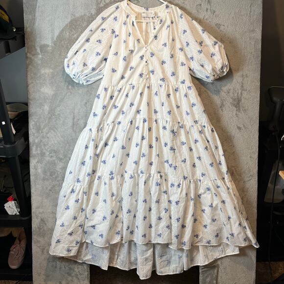 ASOS EDITION Puff Sleeve Midi Dress Ditsy Floral Embroidered White Blue Size‎ 8 - Picture 2 of 9